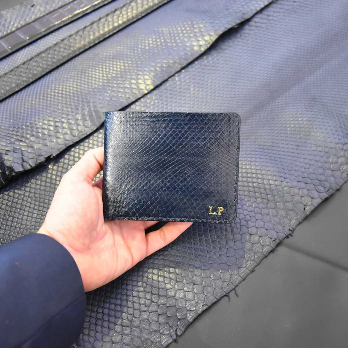 Portafoglio mod. "Esemplare" in vera pelle di Pitone Personalizzabile - Blu scuro - immagine 8